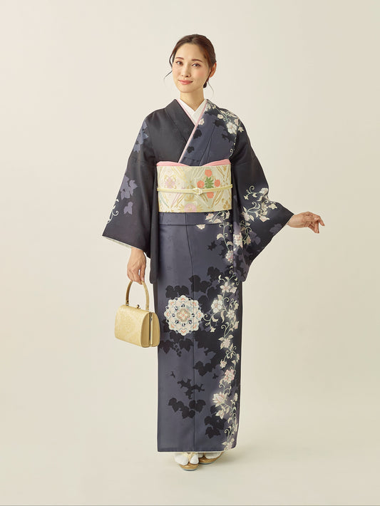 L0014/シルエット更紗/黒| 訪問着レンタル