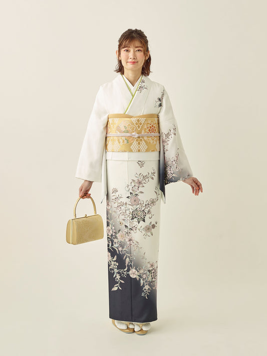 L0015/ぼかし更紗/オフ×黒| 訪問着レンタル