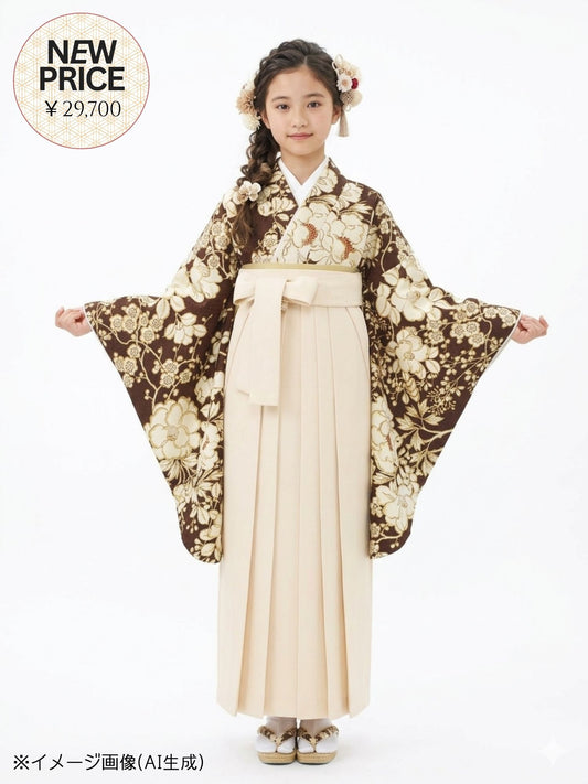 【応援プライス】小学生 卒業袴 レンタル 女の子|疋田に華づくし ブラウン C0003|フルセット