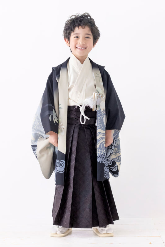 七五三 着物 レンタル 5歳 男の子 鶴/黒×オフ S0531