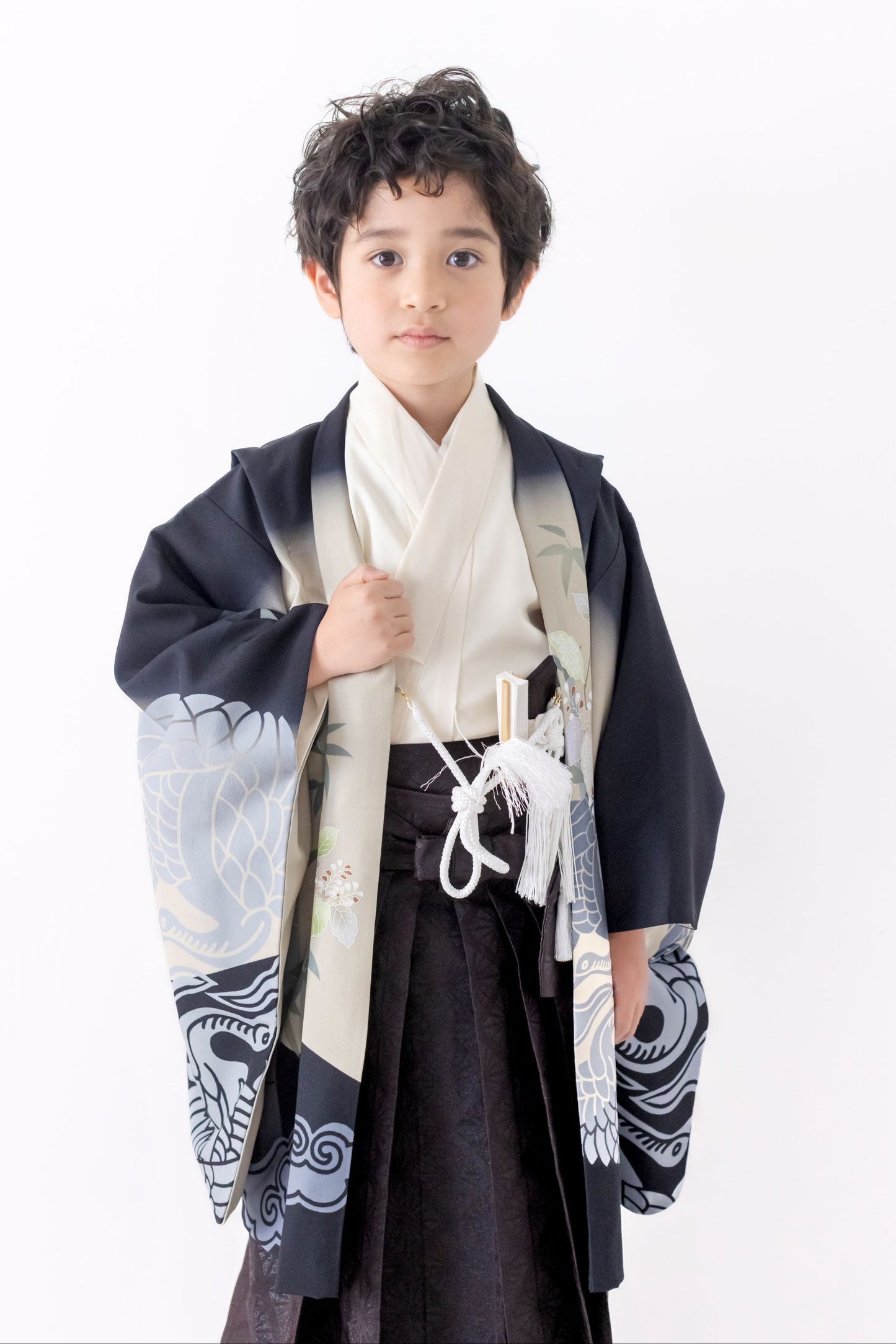 七五三 着物 レンタル 5歳 男の子 鶴/黒×オフ S0531