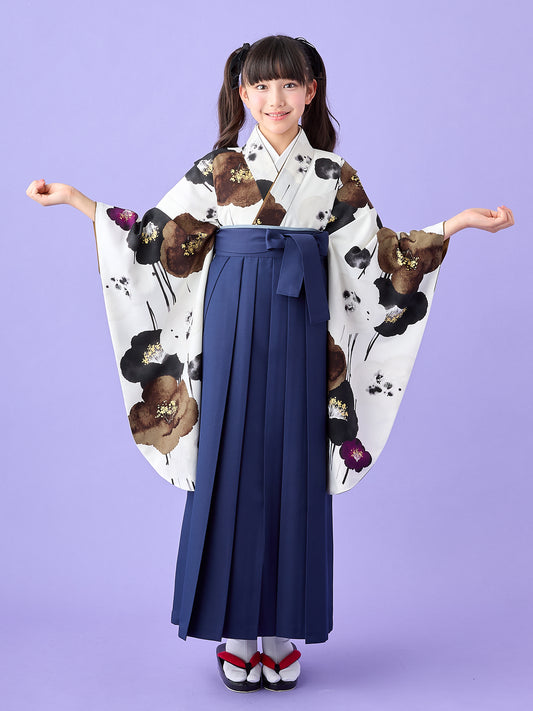小学生 卒業袴 レンタル|ウォーターカラー オフ×ブラウン C0033|女の子 卒業式 袴 2026新作
