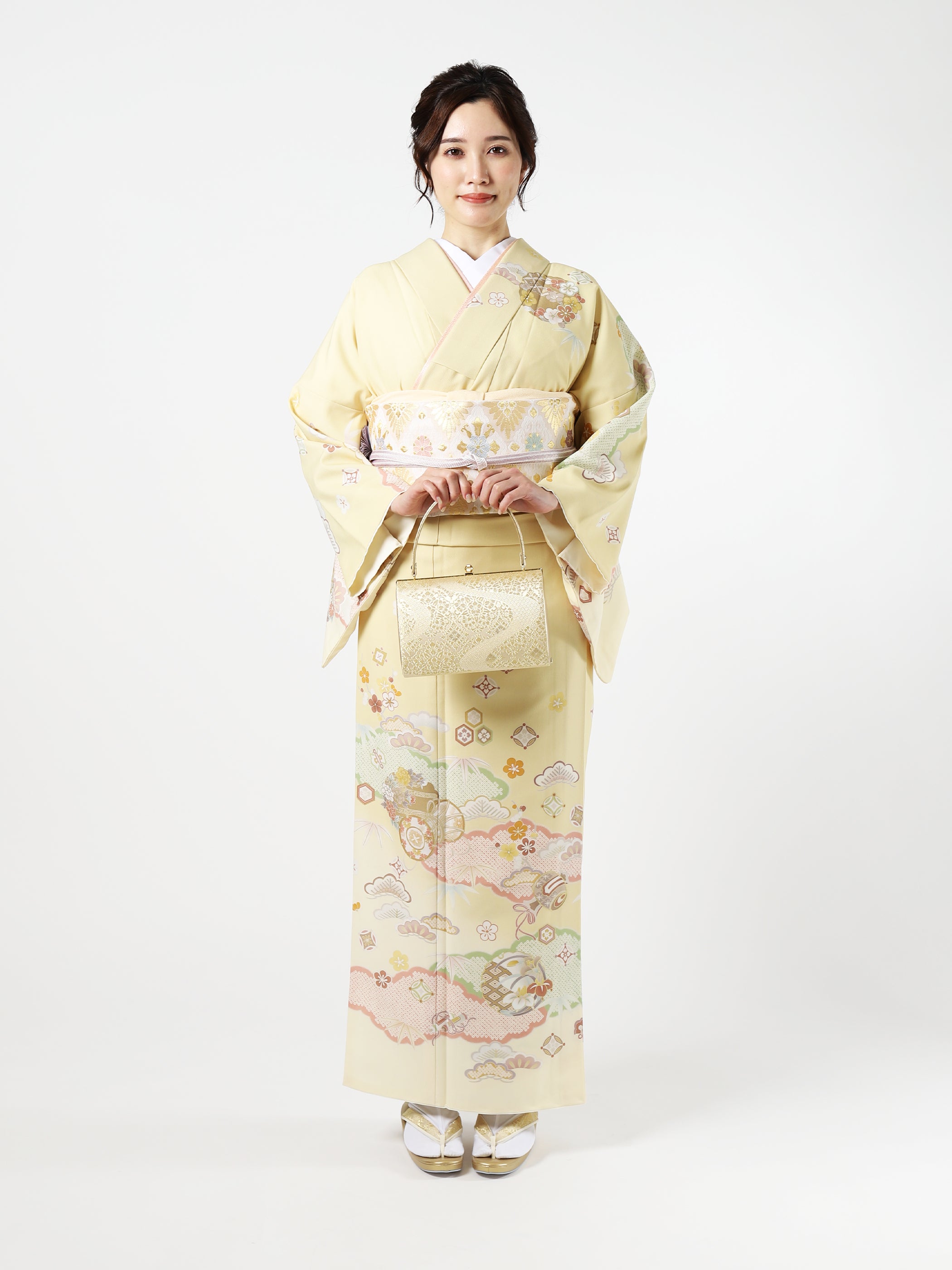 専用　訪問着 京友禅 クリームイエロー パステル 吉祥文 身丈162cm 最高級・京友禅・訪問着レンタル】黄色・クリーム系 松皮菱 四季