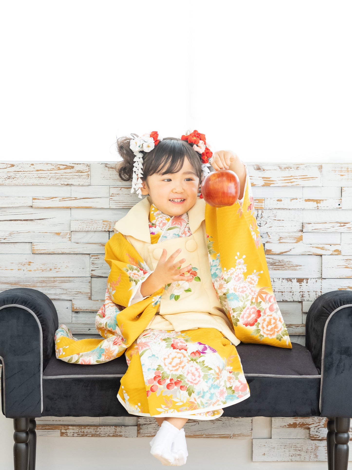 S0305 斜め縞と小花/からし 【七五三着物レンタル】