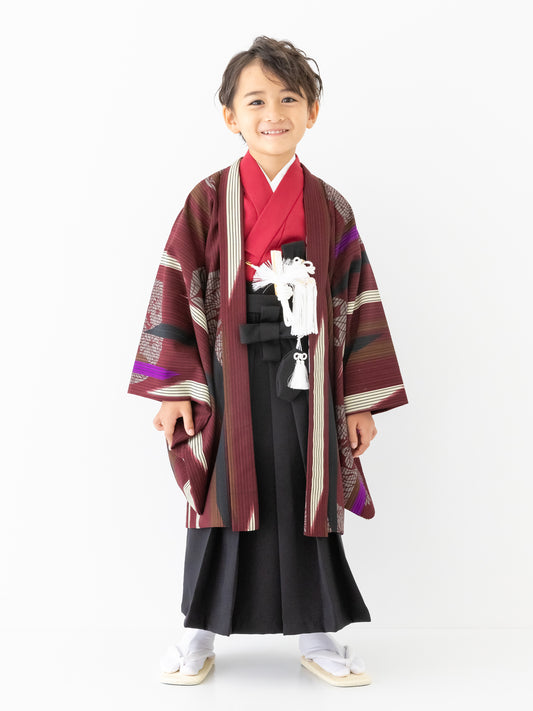 S0504 矢絣に家紋/赤 【七五三着物レンタル】