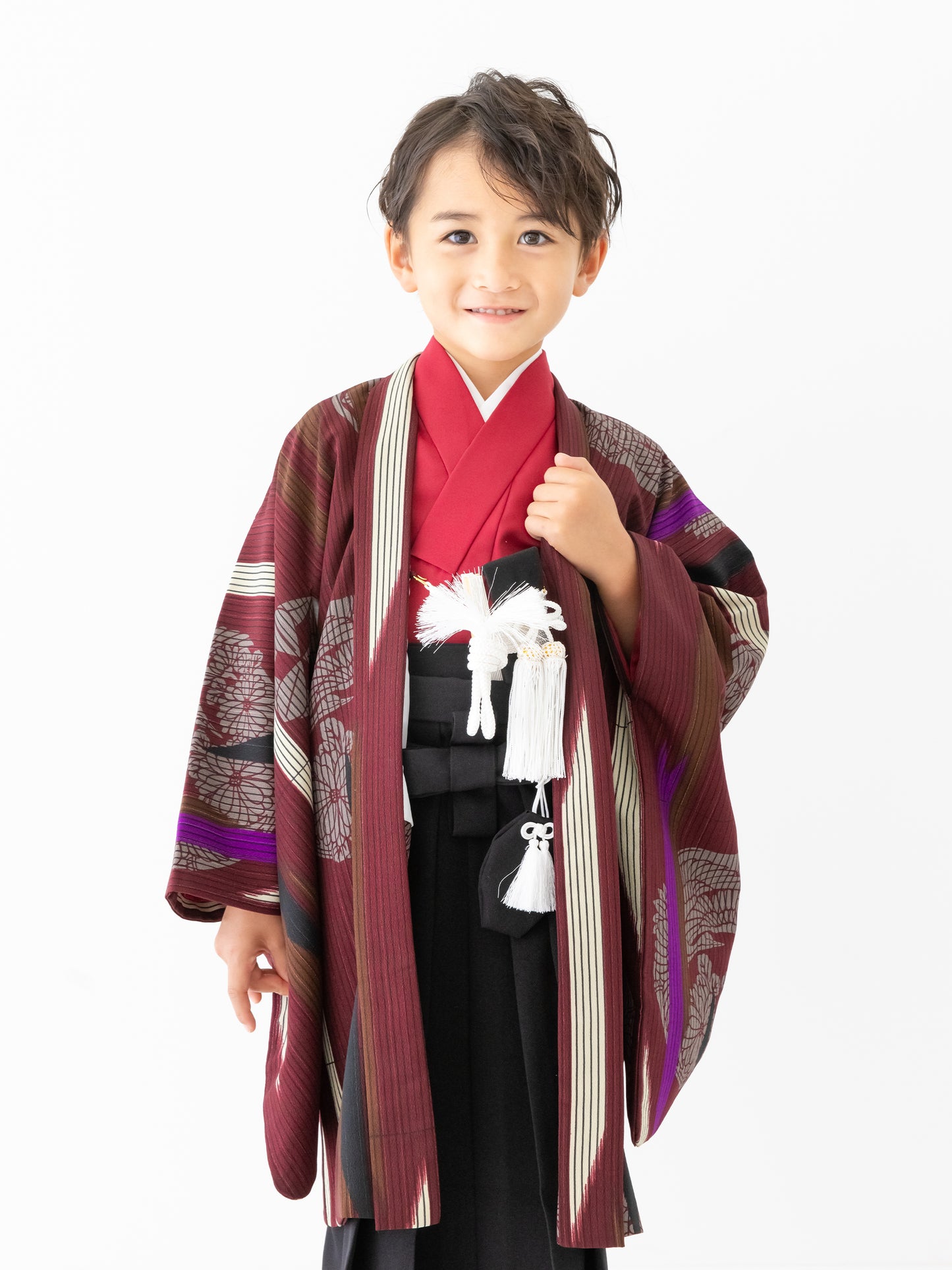 S0504 矢絣に家紋/赤 【七五三着物レンタル】