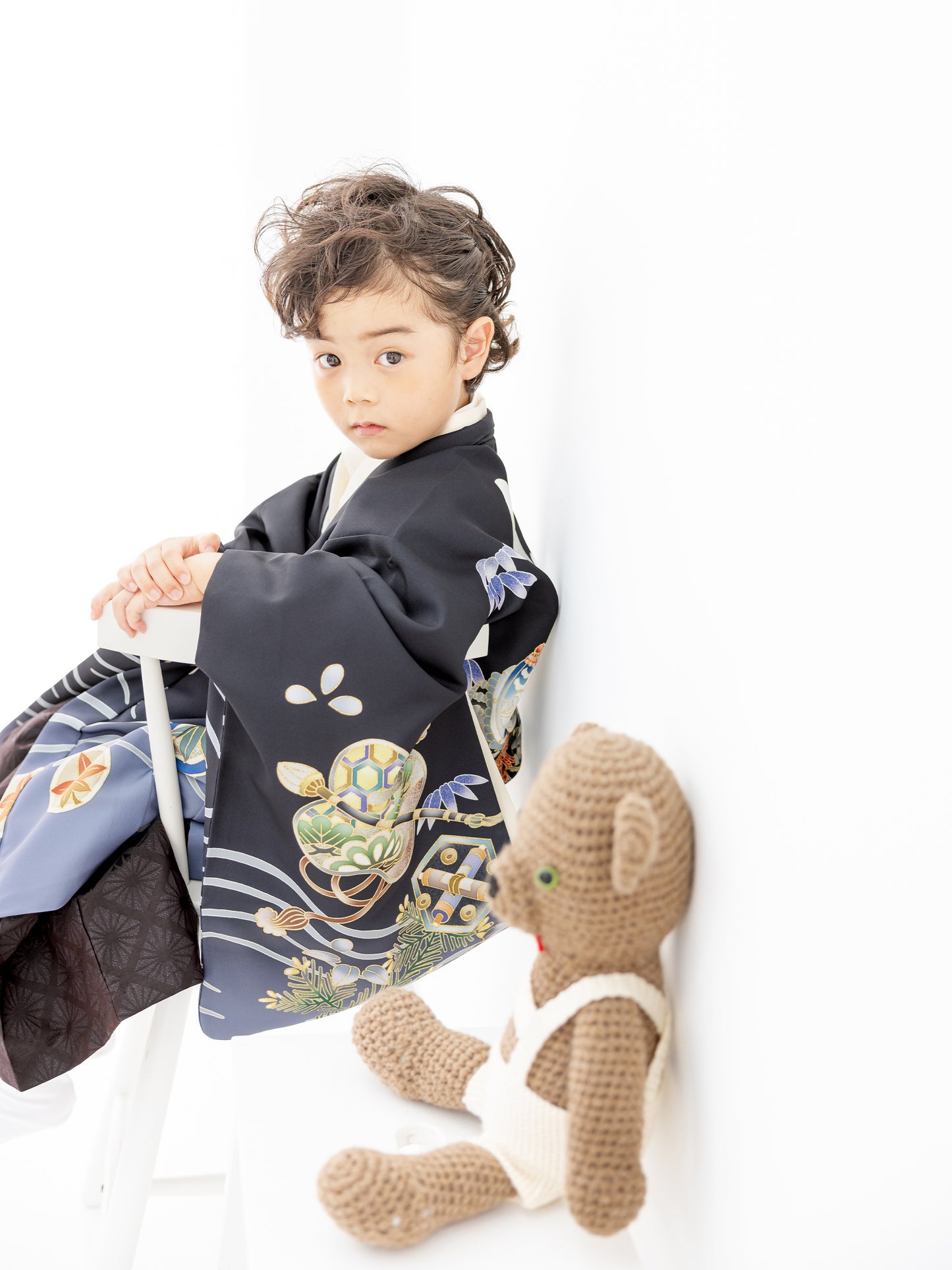 S0518 兜に波/黒 【七五三着物レンタル】