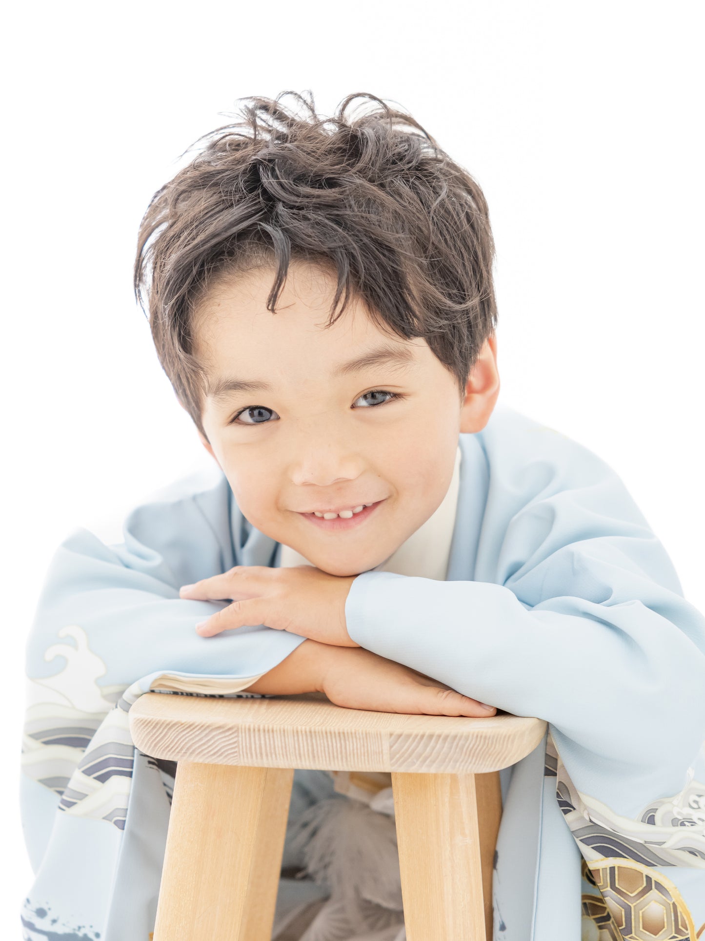 S0520 帆船墨絵/水色 【七五三着物レンタル】