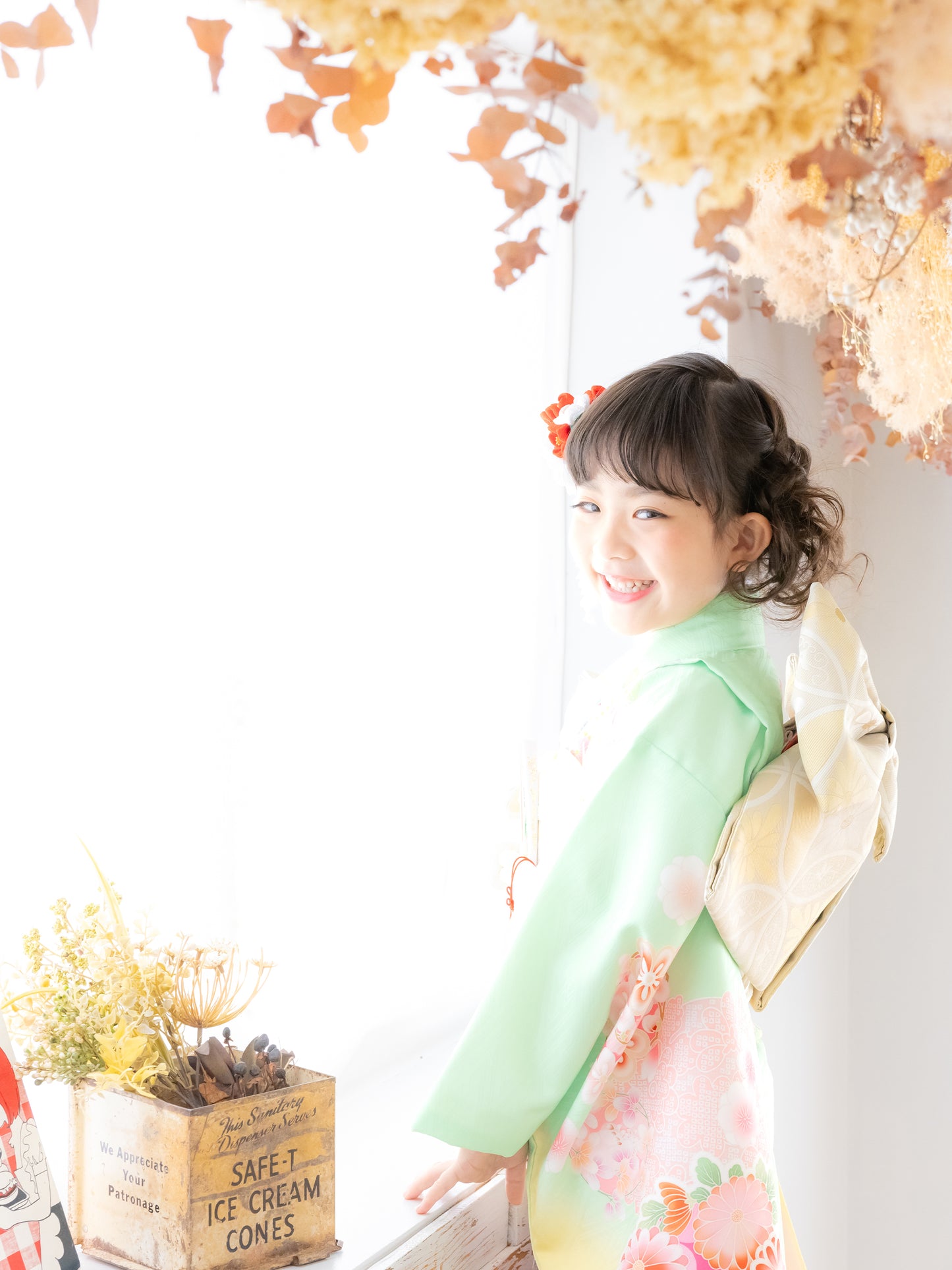 S0712 花輪/ヒワ黄 【七五三着物レンタル】