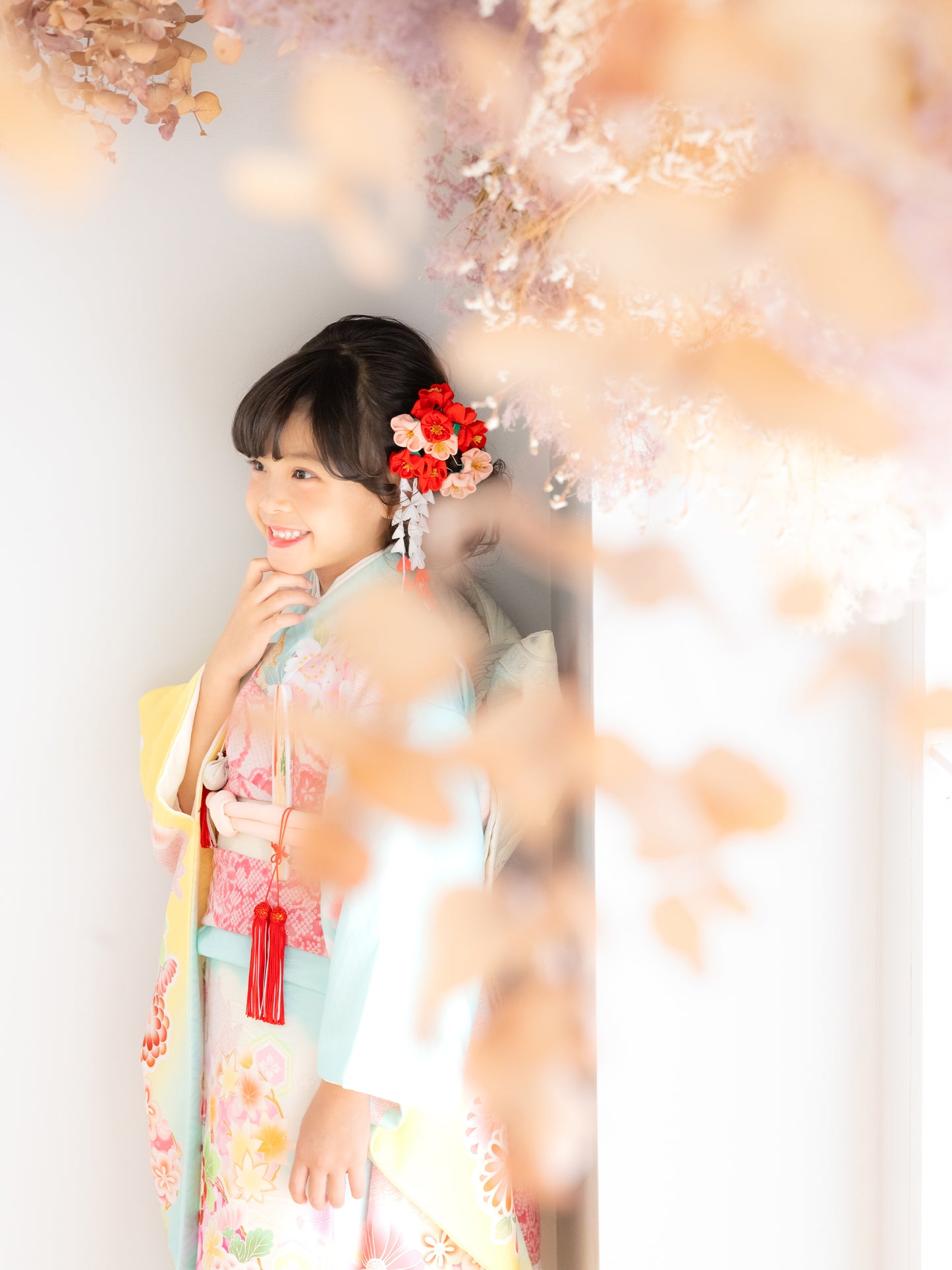 S0713 花輪/水色黄 【七五三着物レンタル】