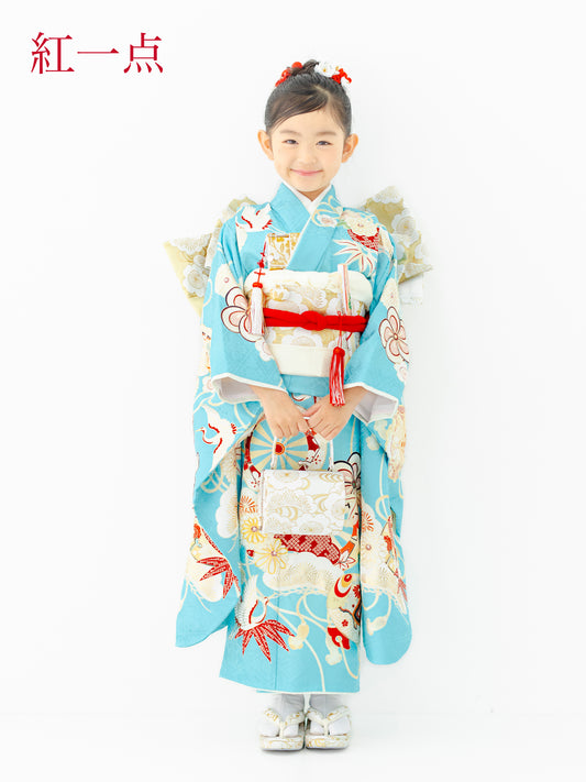 S0727 源氏車に松/水色 【七五三着物レンタル】