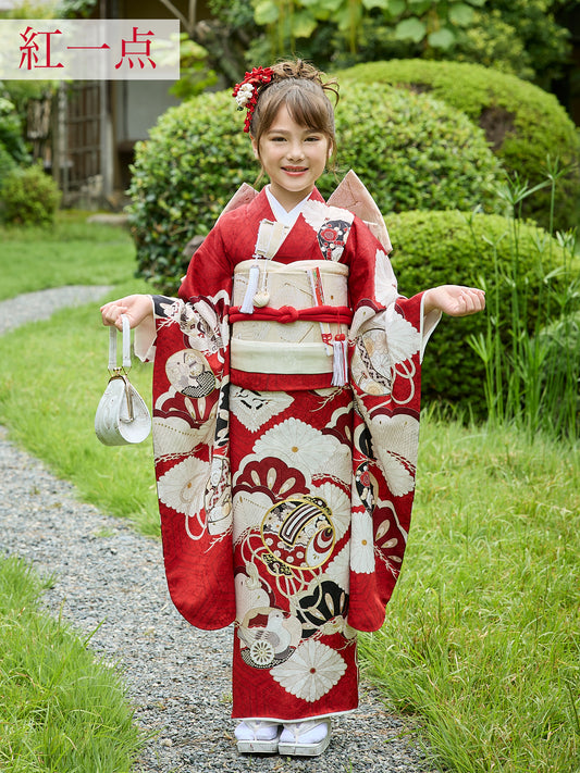 七五三 着物 レンタル 7歳 女の子【紅一点】小槌に菱菊(赤) S0731