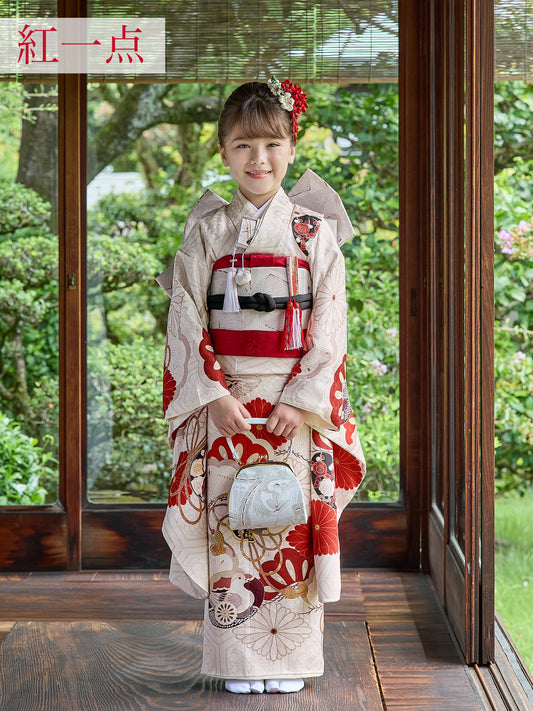 七五三 着物 レンタル 7歳 女の子【紅一点】小槌に菱菊(白) S0732