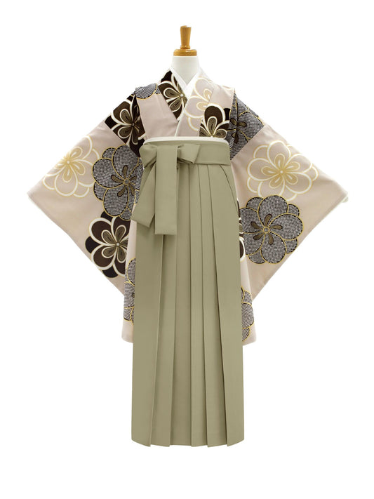 小学生 卒業袴 レンタル|ベージュ × ねじり梅柄 C0010|女の子 卒業式 袴 フルセット