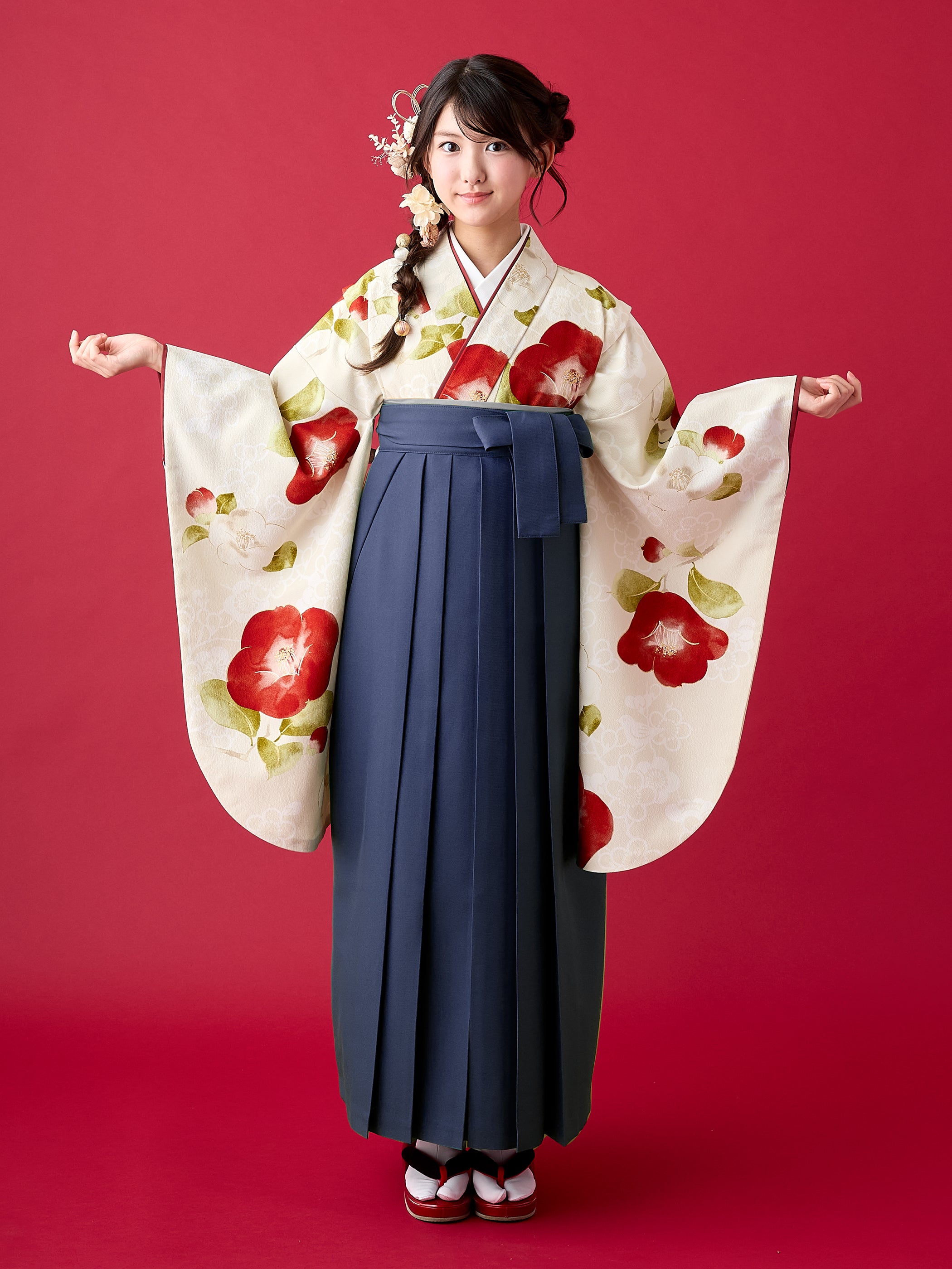 値下げ　小学生卒業式　袴　 赤・紺 花柄 150cm C0001 梅椿 / 赤 | 卒業式小学生袴レンタル | tententen – tententen