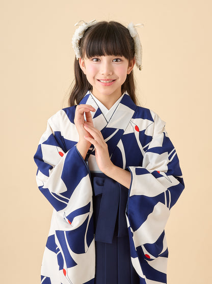 小学生 卒業袴 レンタル 女の子｜シルエット鶴 紺 C0012｜フルセット