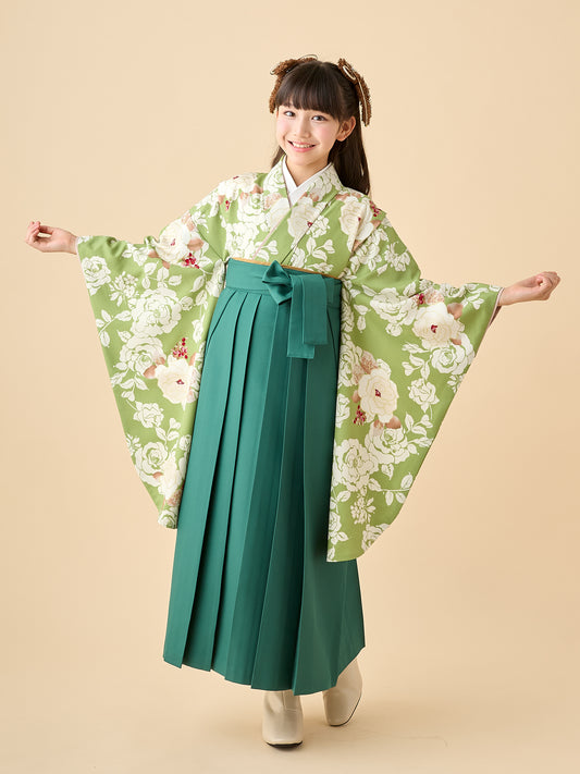 【応援プライス】小学生 卒業袴 レンタル 女の子｜バラ 緑 C0020｜フルセット