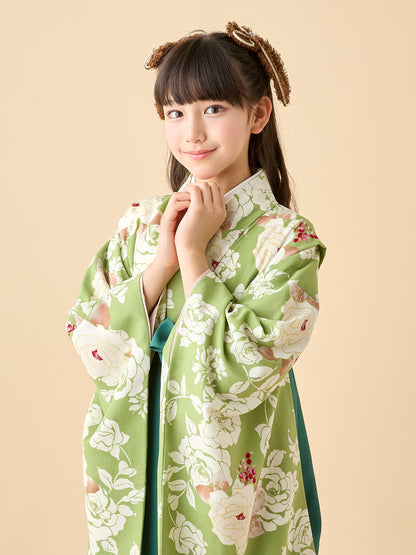 【応援プライス】小学生 卒業袴 レンタル 女の子｜バラ 緑 C0020｜フルセット