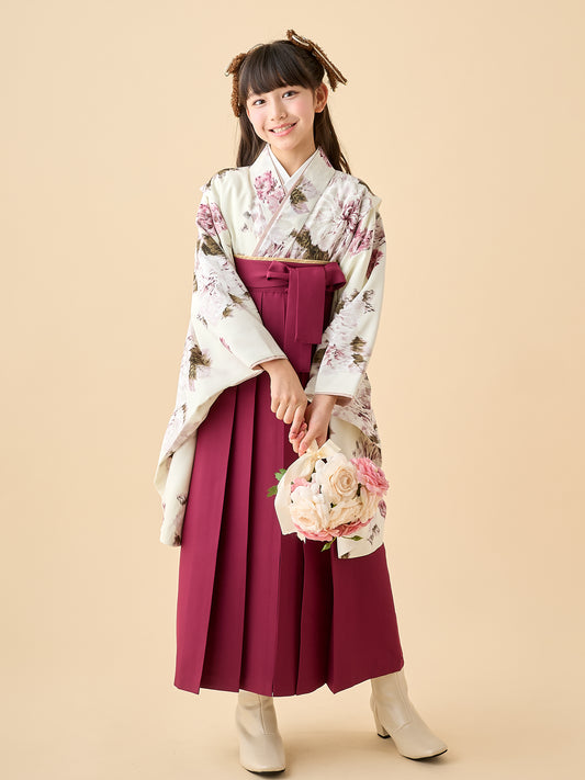 小学生 卒業袴 レンタル 女の子|絣芍薬 アンティークローズ C0024|フルセット