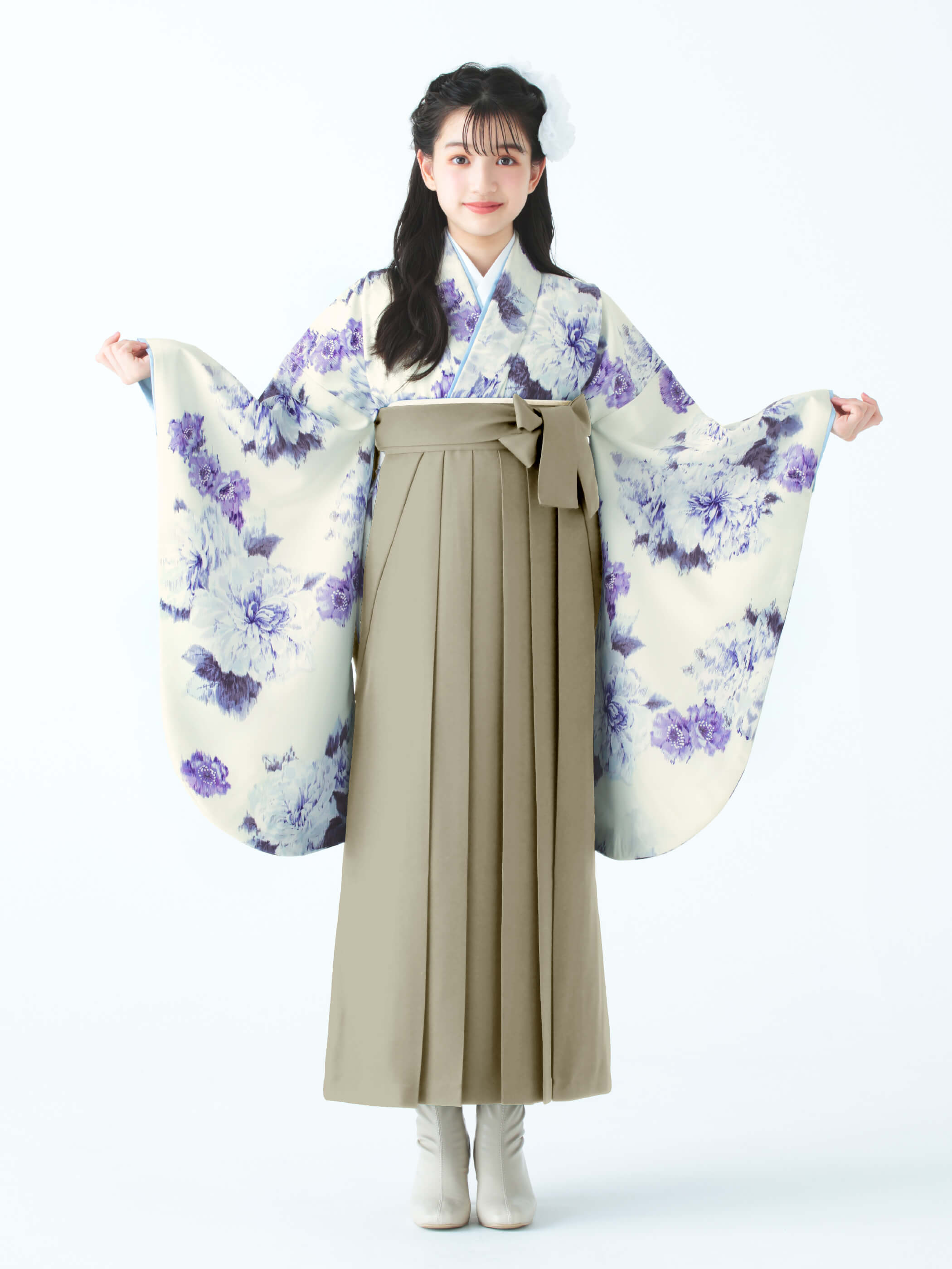 ponベビー袴 生成り地ポーチュラカ×ブルー C0025 絣芍薬/スモークブルー | 卒業式小学生袴レンタル