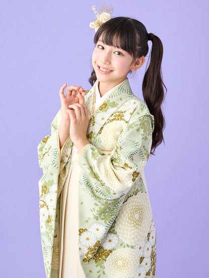 小学生 卒業袴 レンタル｜若葉色 万寿菊 C0029｜女の子 卒業式 袴 古典 モダン
