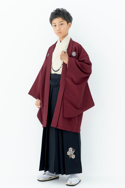 D1002 亀甲に矢絣/エンジ×黒 【小学生男の子卒業式袴レンタル】