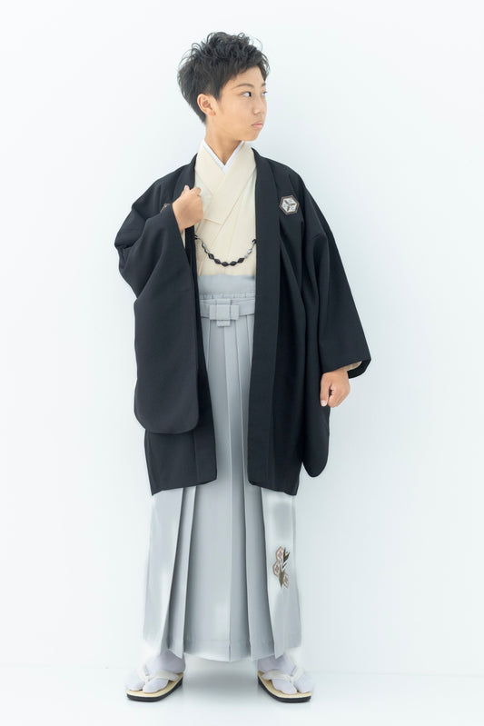 D1003 亀甲に矢絣/黒×グレー 【小学生男の子卒業式袴レンタル】