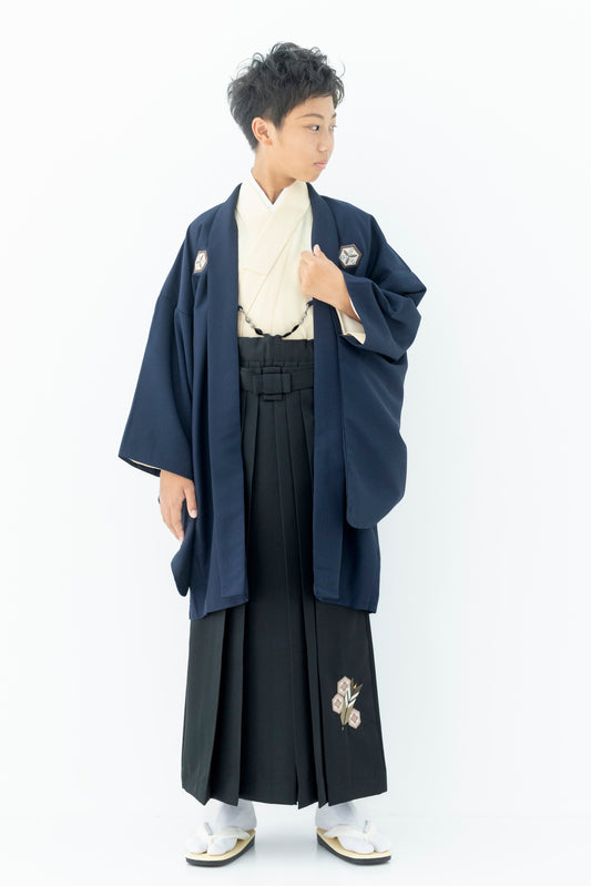 D1004 亀甲に矢絣/紺×黒 【小学生男の子卒業式袴レンタル】