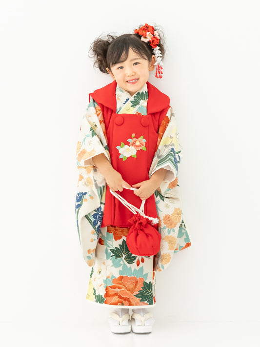 S0306 牡丹に百合/オフ 【七五三着物レンタル】