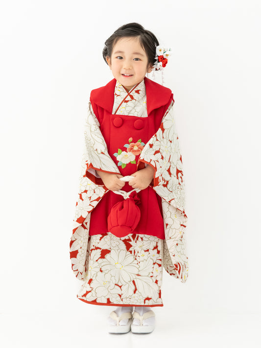 S0307 花笑み/赤 【七五三着物レンタル】