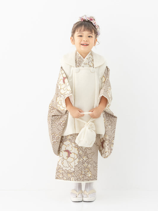 S0310 疋田に華づくし/ベージュ 【七五三着物レンタル】