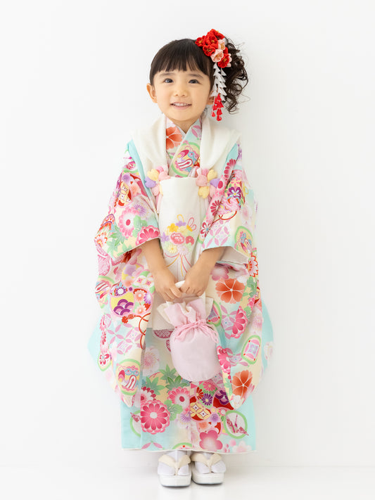 S0318 まり/水色 【七五三着物レンタル】