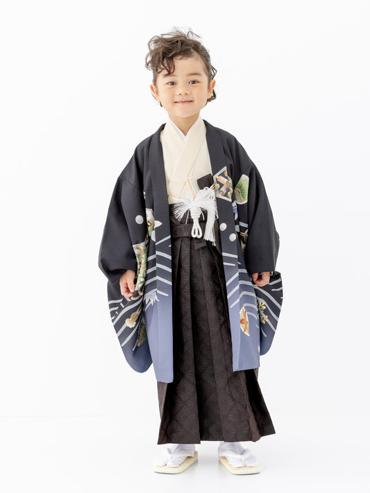 S0518 兜に波/黒 【七五三着物レンタル】