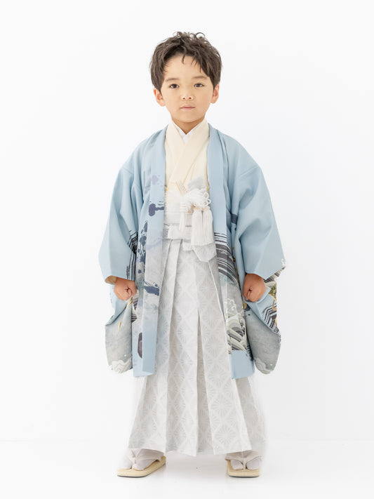 S0520 帆船墨絵/水色 【七五三着物レンタル】