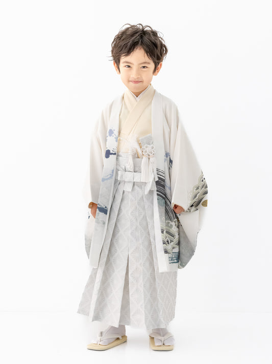 S0519 帆船墨絵/白 【七五三着物レンタル】
