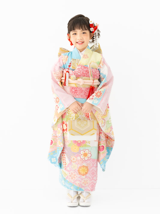 S0709 辻が花/水色 【七五三着物レンタル】