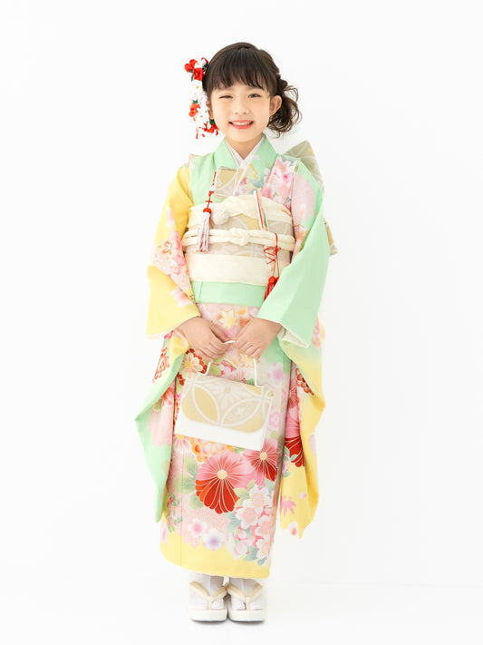 S0712 花輪/ヒワ黄 【七五三着物レンタル】