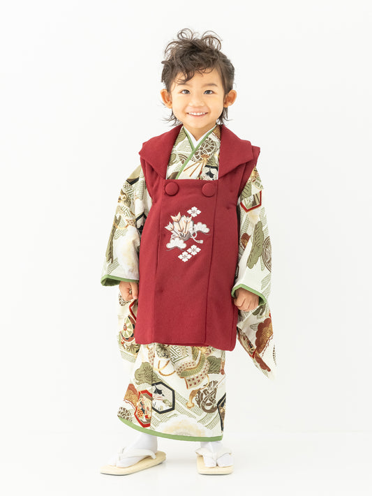 S1301 家紋に兜/赤 【七五三着物レンタル】