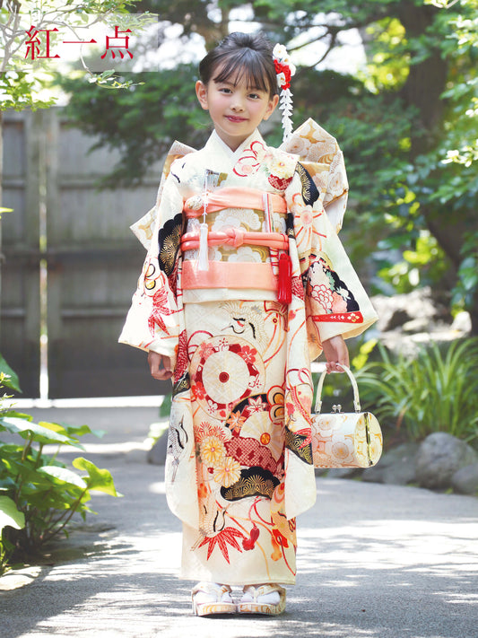 S0716 源氏車に鶴(クリーム) 【七五三着物レンタル】