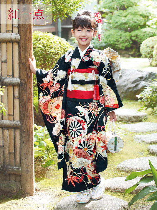 S0717 源氏車に鶴(黒) 【七五三着物レンタル】
