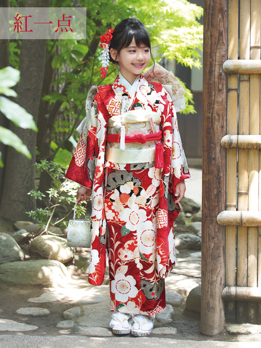 S0718 桜に松(赤) 【七五三着物レンタル】