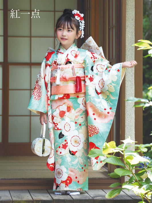 S0720 桜に松(青磁) 【七五三着物レンタル】