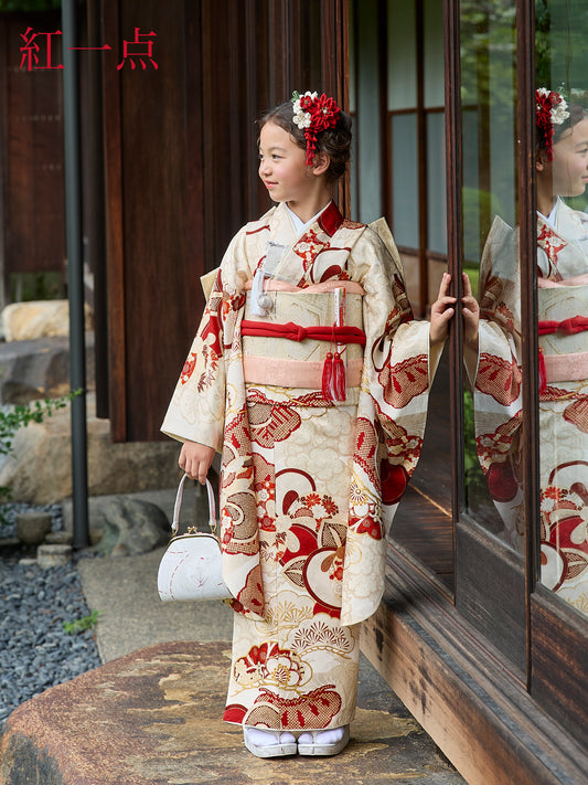 七五三 着物 レンタル 7歳 女の子【紅一点】ねじり梅に橘(クリーム) S0735