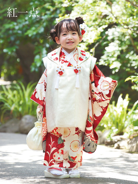 S0324 桜に松(赤)/白 【七五三着物レンタル】