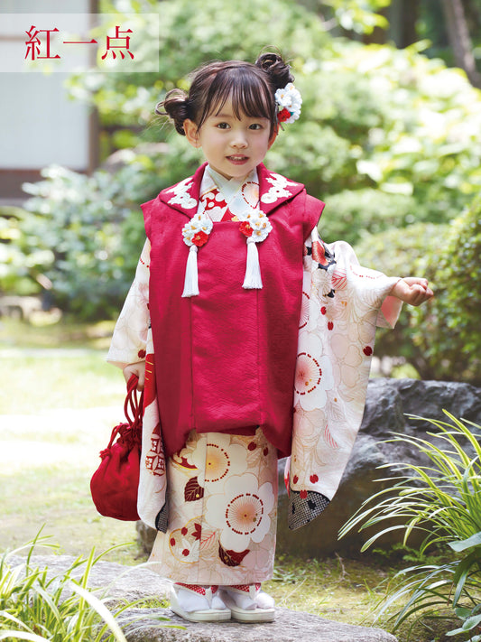 S0325 桜に松(白)/赤 【七五三着物レンタル】