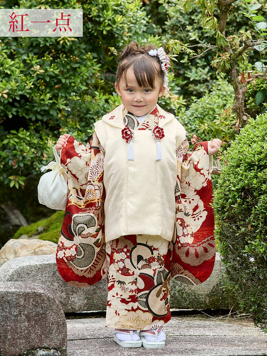 七五三 着物 レンタル 3歳 女の子【紅一点】ねじり梅に橘/赤 S0337