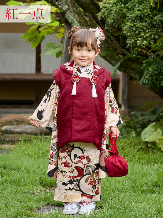 七五三 着物 レンタル 3歳 女の子【紅一点】ねじり梅に橘/黒 S0339