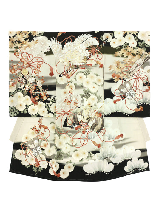 T5001/白鷹と武具/黒【お宮参り着物レンタル】