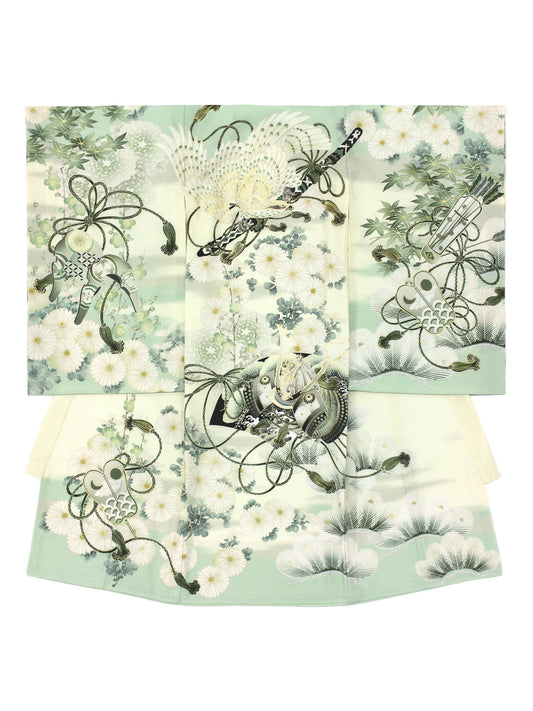 T5002/白鷹と武具/白緑【お宮参り着物レンタル】