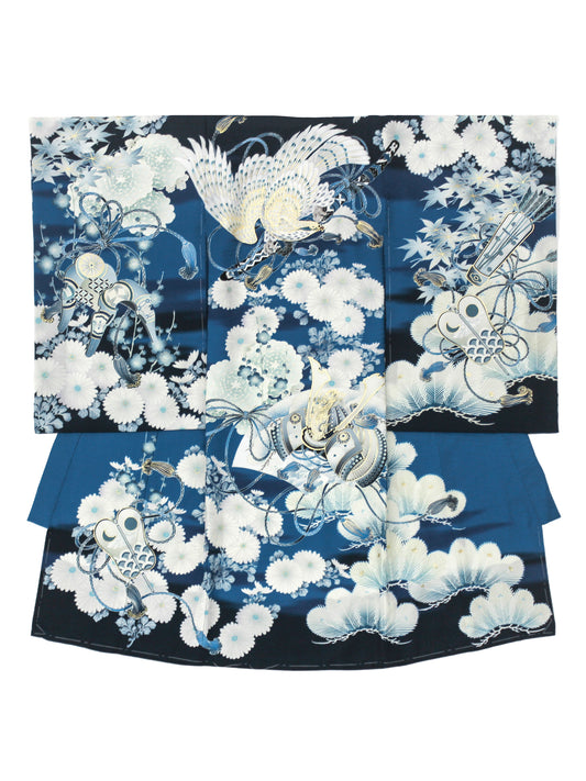 T5003/白鷹と武具/鉄紺【お宮参り着物レンタル】